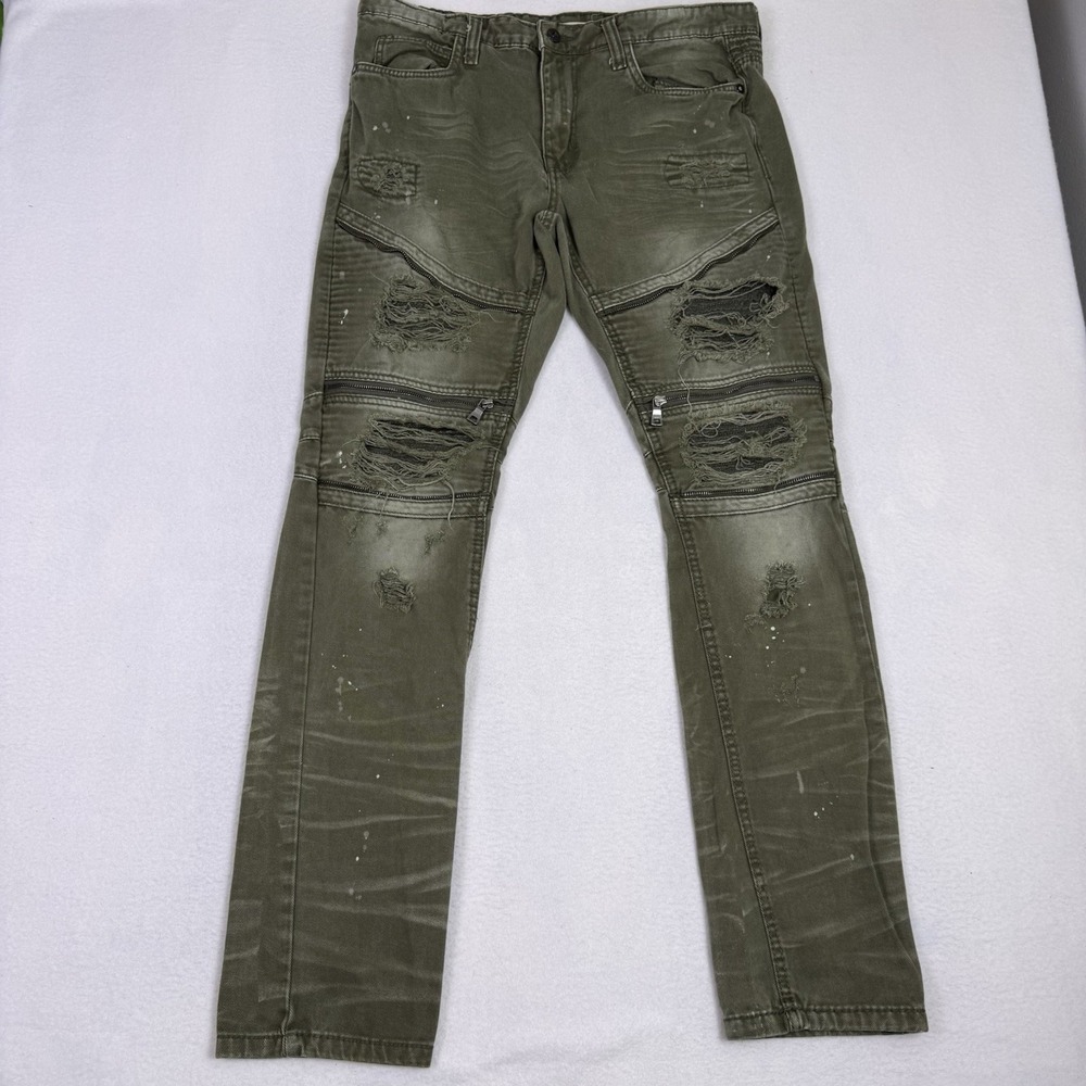 Smoke Rise Mens 36x34 Green Extra Tough Distressed Moto Biker Jeans